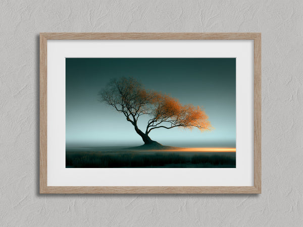 Leaning Light shown in an oak frame with a white border or mount.