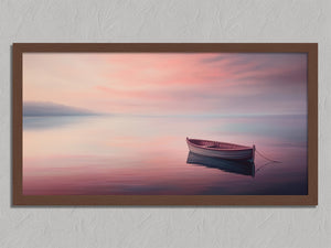 Mooring at Dusk shown in a walnut frame without a border or mount.
