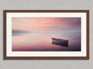 Mooring at Dusk shown in a walnut frame with a white border or mount.