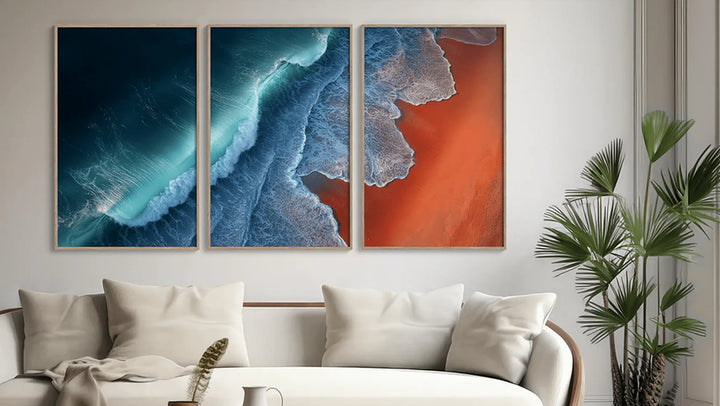Ocean wave art prints over sofa