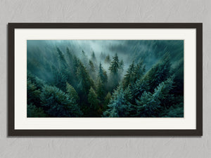 Tall Pines shown in a black frame with a white border or mount.