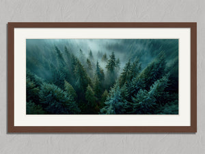 Tall Pines shown in a walnut frame with a white border or mount.