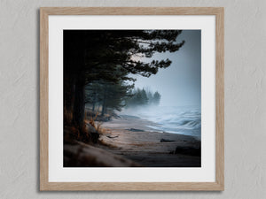 Pine Shore Mist shown in an oak frame with a white border or mount.