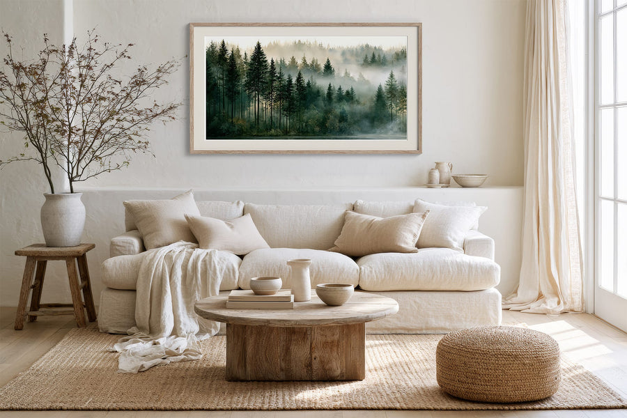 Morning Stillness – Lámina de bosque brumoso para pared