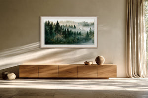 Framed misty conifer forest artwork above a low wooden sideboard and draped curtains.