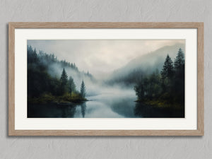 Forest Hush shown in an oak frame with a white border or mount.