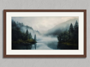 Forest Hush shown in a walnut frame with a white border or mount.