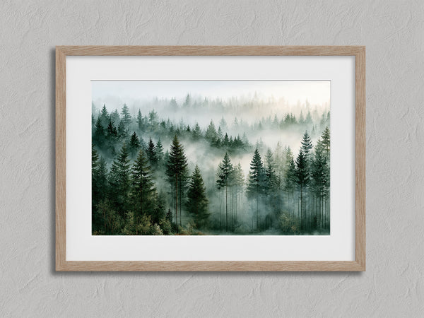Woodland Veil shown in an oak frame with a white border or mount.