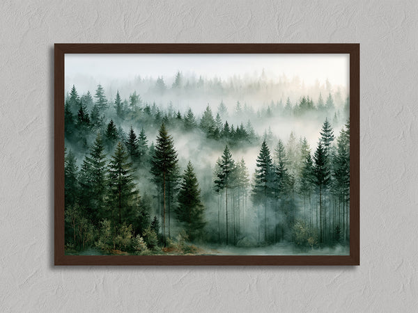 Woodland Veil shown in a walnut frame without a border or mount.