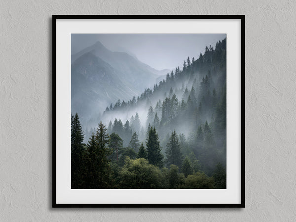 Mistbound Valley shown in a black frame with a white border or mount.