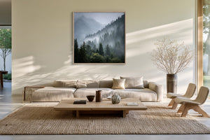 Misty mountain forest artwork in a slim wood frame above a low cream sofa and coffee table.