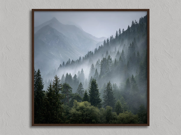 Mistbound Valley shown in a walnut frame without a border or mount.
