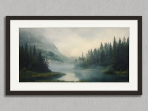Mist Between the Pines shown in a black frame with a white border or mount.