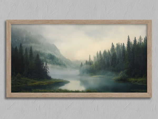 Mist Between the Pines shown in an oak frame without a border or mount.