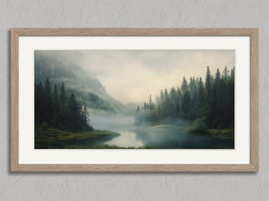 Mist Between the Pines shown in an oak frame with a white border or mount.