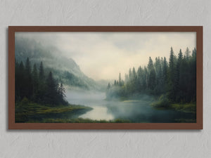 Mist Between the Pines shown in a walnut frame without a border or mount.