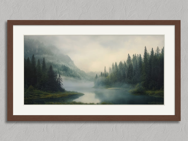 Mist Between the Pines shown in a walnut frame with a white border or mount.