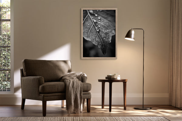 Framed black-and-white leaf photograph above an armchair, side table, and curved floor lamp.