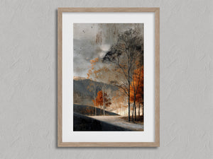 Autumn Drawn in Light shown in an oak frame with a white border or mount.
