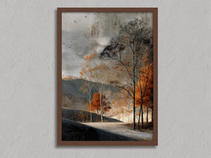 Autumn Drawn in Light shown in a walnut frame without a border or mount.