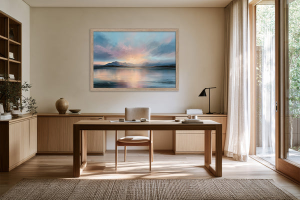 Light wood-framed mountain lake artwork above a wooden desk beside tall windows.
