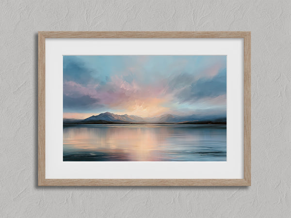 Evening Over the Range shown in an oak frame with a white border or mount.