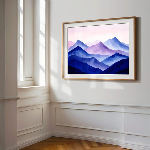 Close view of Violet Ranges mountain artwork with a wide white mat and light wood frame.