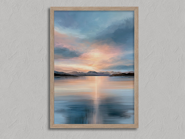 Afterglow Lake shown in an oak frame without a border or mount.