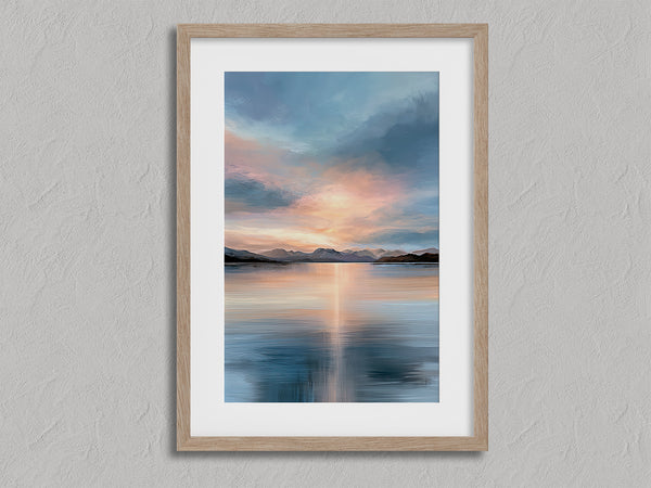 Afterglow Lake shown in an oak frame with a white border or mount.