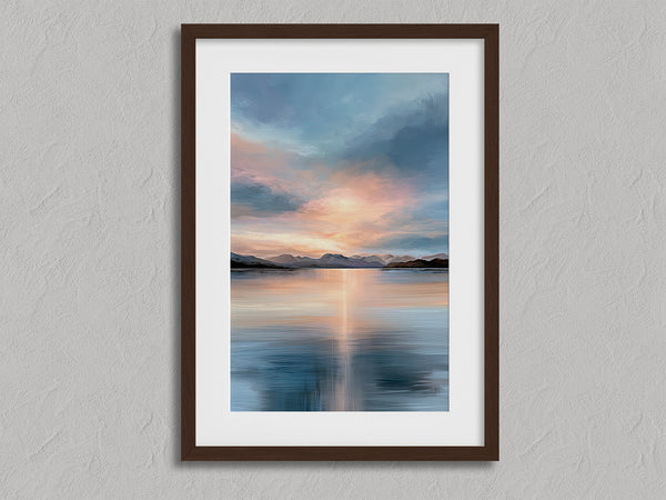 Afterglow Lake shown in a walnut frame with a white border or mount.