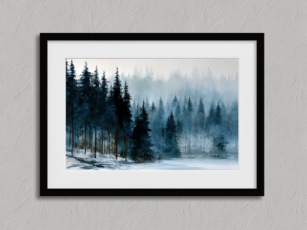 Frosted Pines shown in a black frame with a white border or mount.