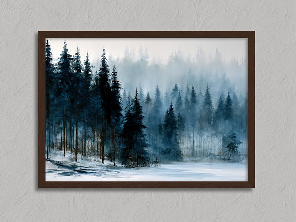 Frosted Pines shown in a walnut frame without a border or mount.