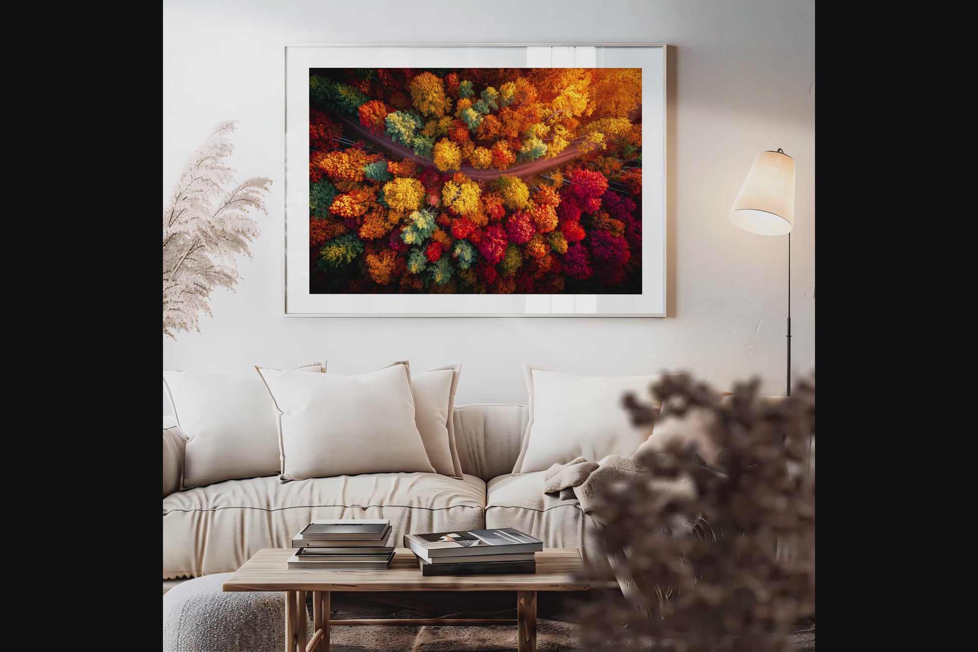 Canvas wall art of an autumn forest from above in crimson, gold, and flame hues. A vibrant seasonal landscape print. Ready to hang.