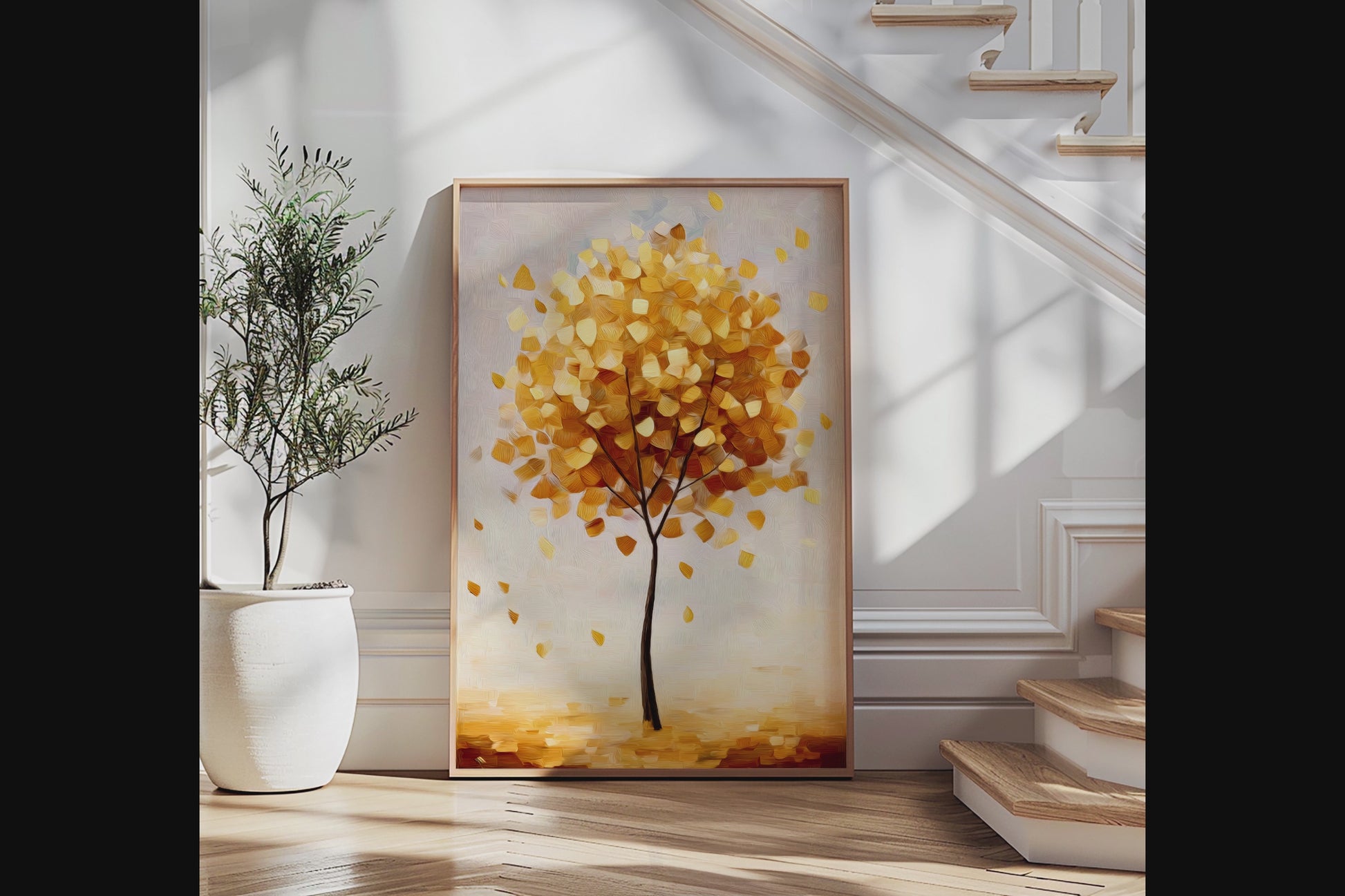 Framed wall art of a golden autumn tree in a minimalist cubist style. Soft, serene, and ready to hang.