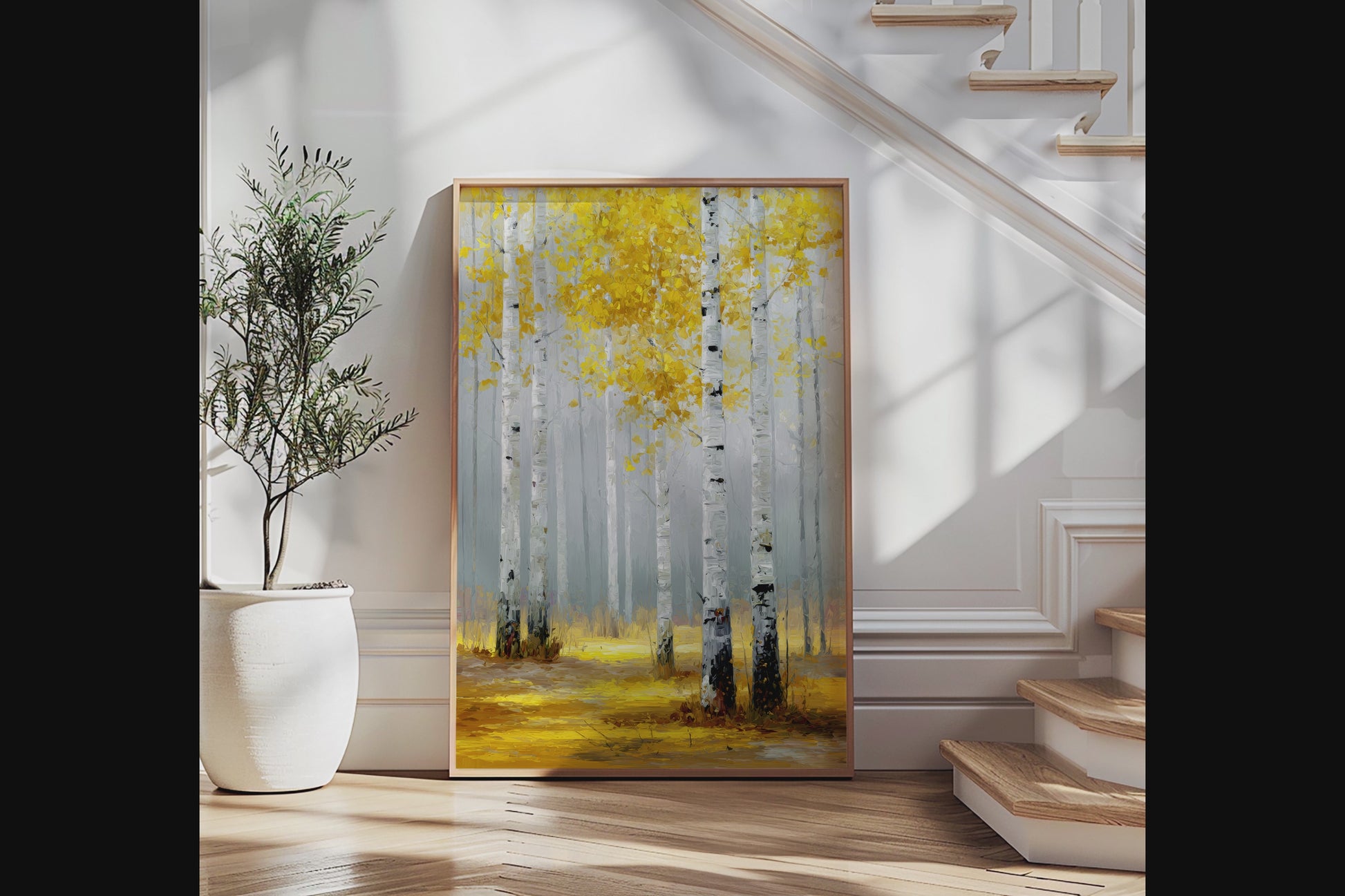 Framed wall art of golden aspen trees in a soft autumn forest. Minimalist and calming. Ready to hang.
