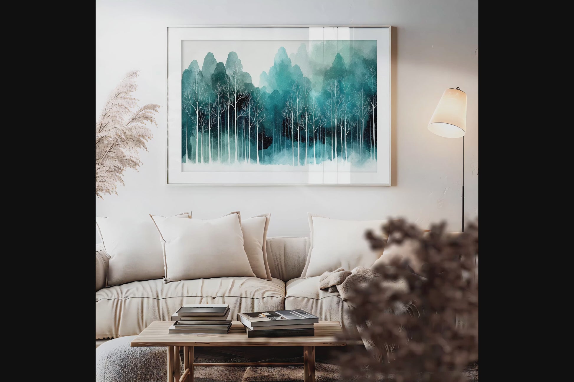 Minimalist geometric tree wall art styled in a calm neutral interior