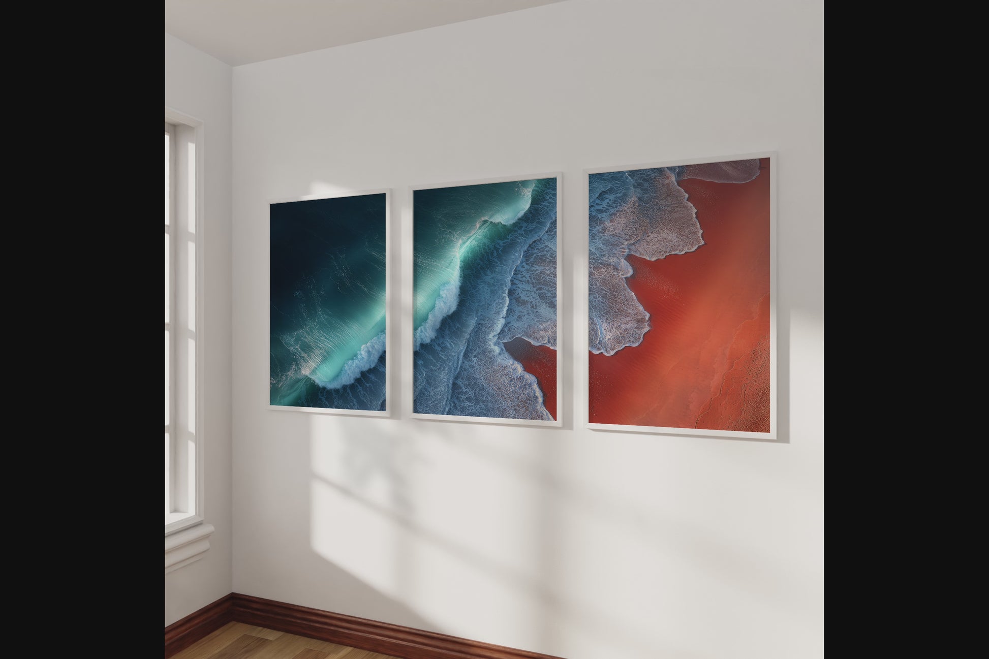 Coastal triptych framed wall art of teal waves and sienna sands. Framed or unframed ocean prints for serene, modern interiors.