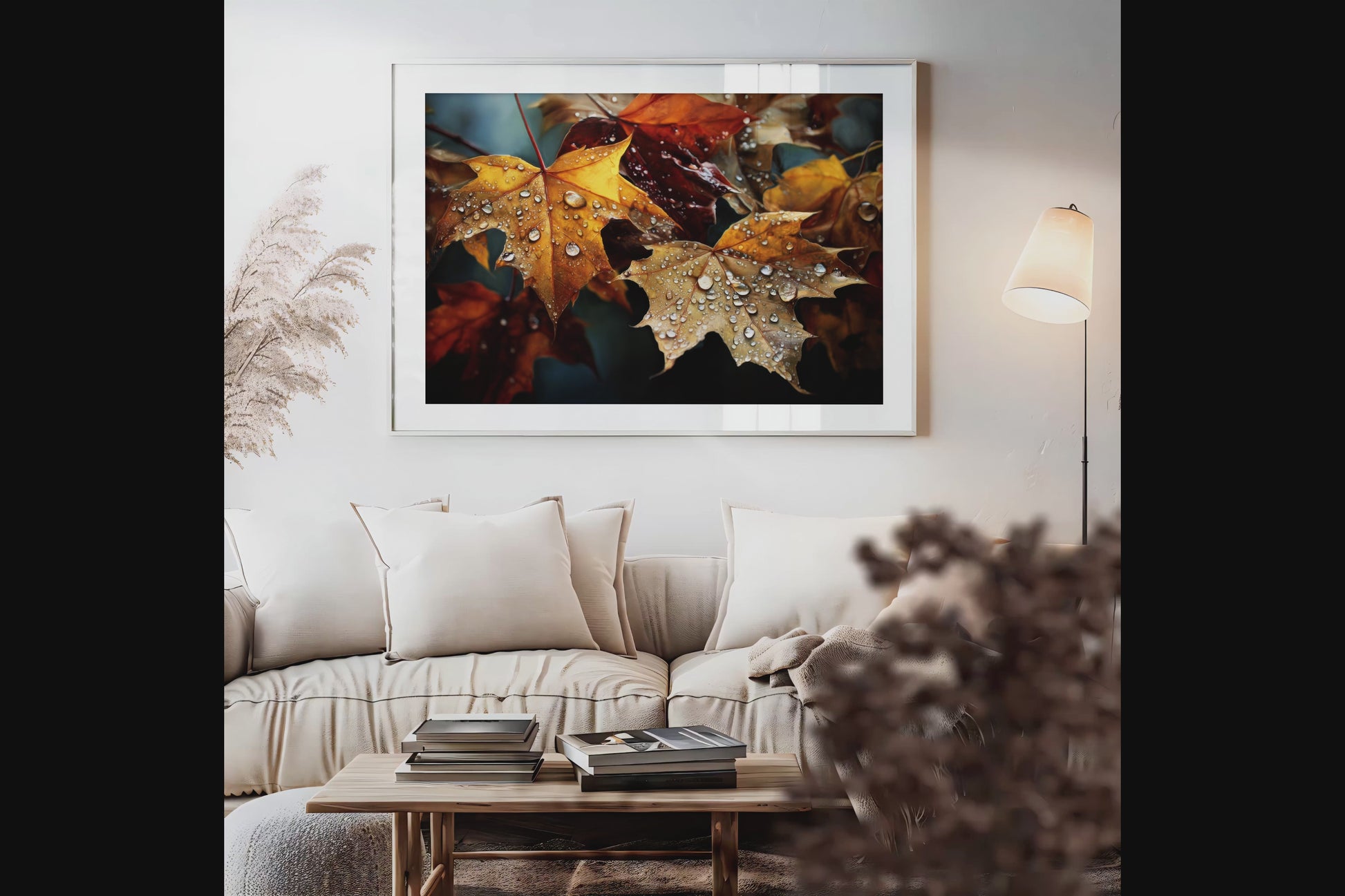Canvas wall art of autumn leaves in amber, gold, and mahogany with dewdrops. A warm, vibrant seasonal print. Ready to hang.