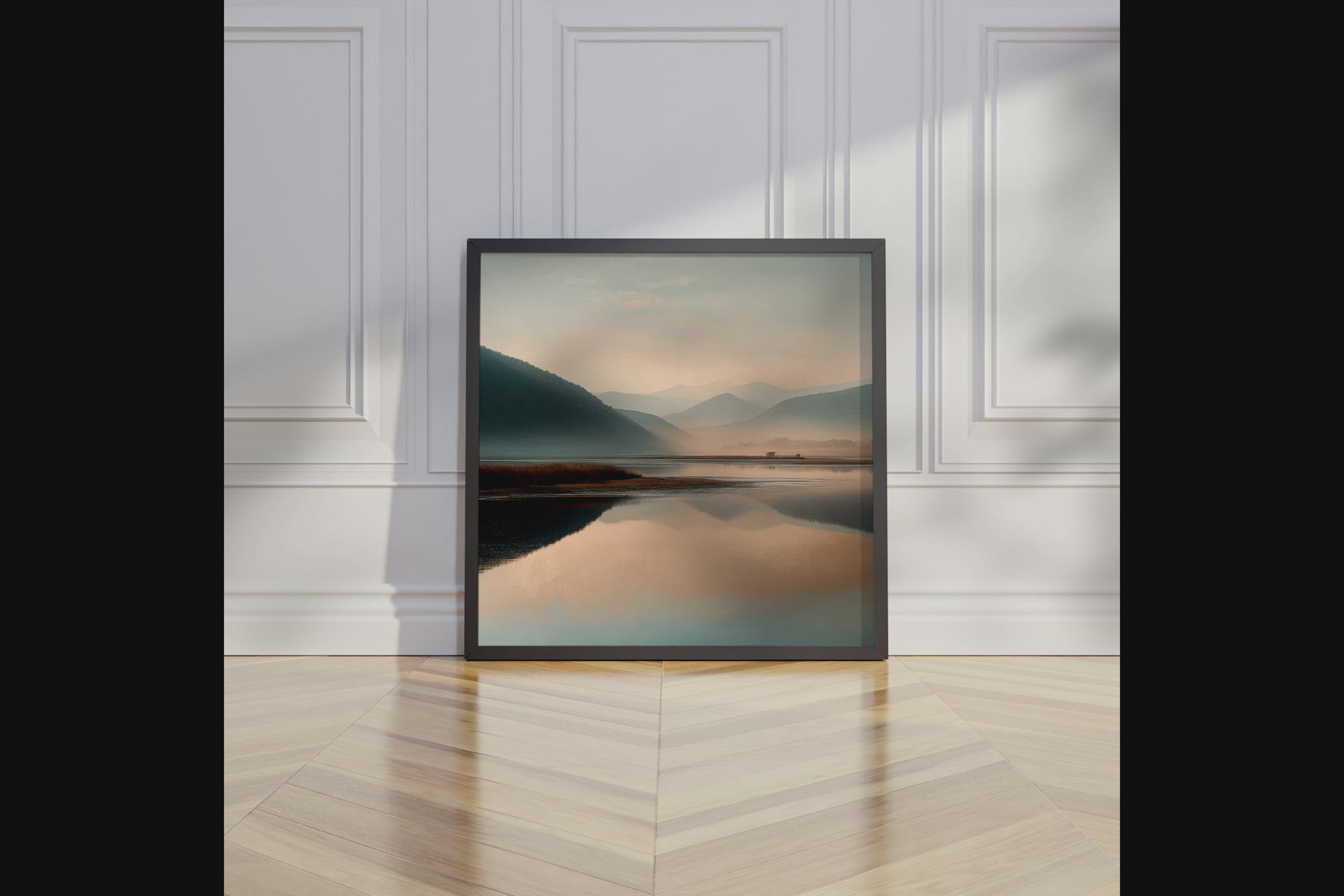 Framed wall art of a misty morning river winding through soft-hued mountains. A tranquil landscape print. Ready to hang.