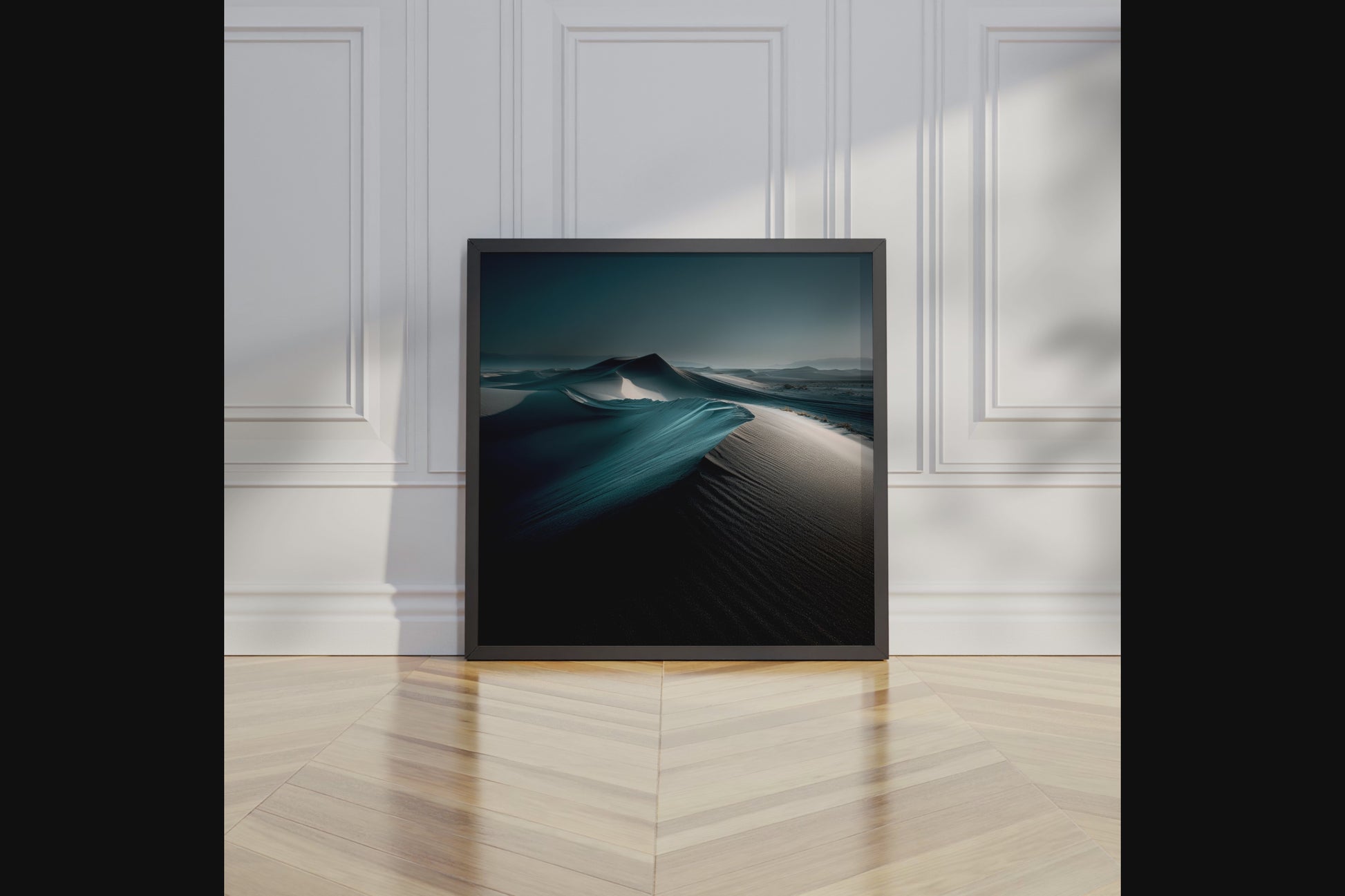 Framed desert moonlight wall art in deep blues and soft whites. A calming nightscape that brings quiet wonder to any room. 