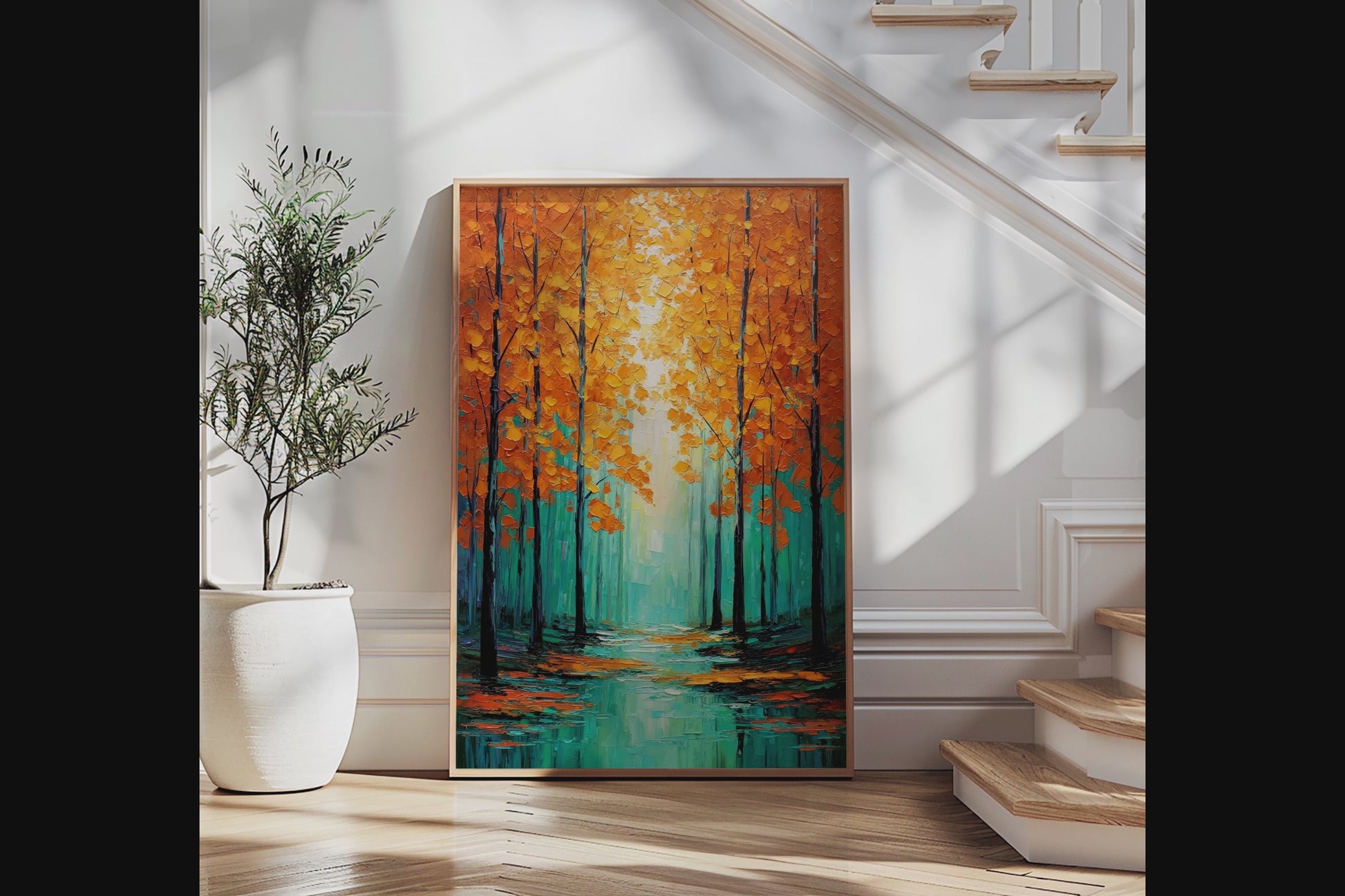 Framed wall art with falling golden leaves and soft minimal tones. A calm, seasonal piece ready to hang.