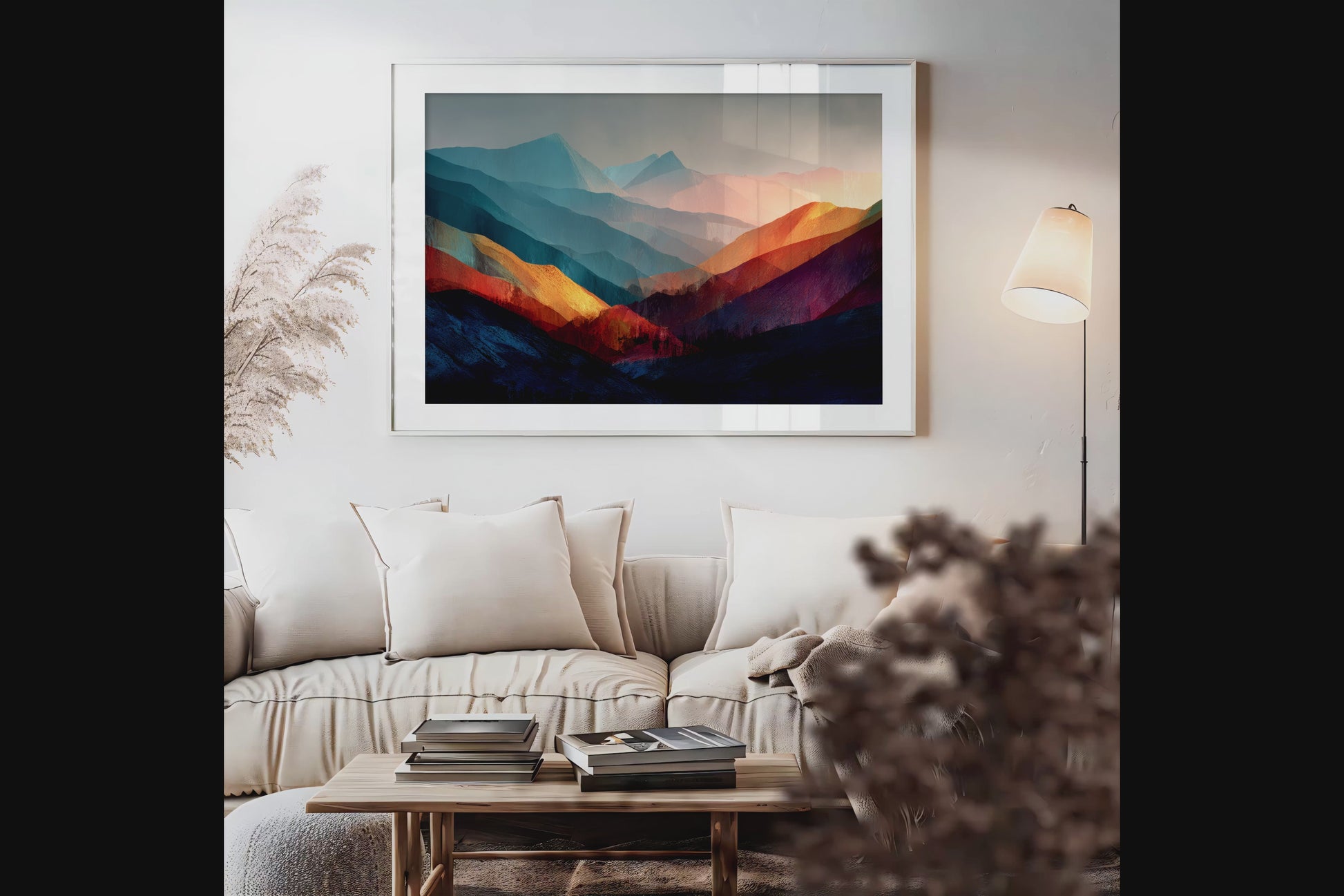 Framed wall art of layered mountains in twilight tones. Deep blues and sienna hues bring bold calm.