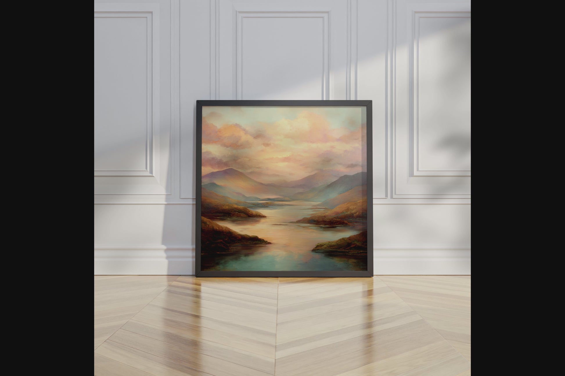 Framed wall art of a golden lake and hills at dusk. A tranquil painterly landscape print that brings warmth and peace. Ready to hang.
