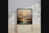 Golden lake landscape wall art styled in a calm neutral interior