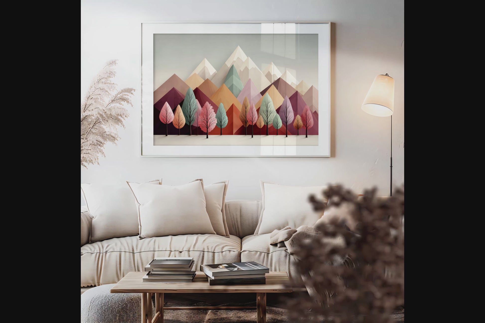 Framed wall art in blush, mint, and apricot. Cheerful trees and clean peaks in spring bring lightness and balance.