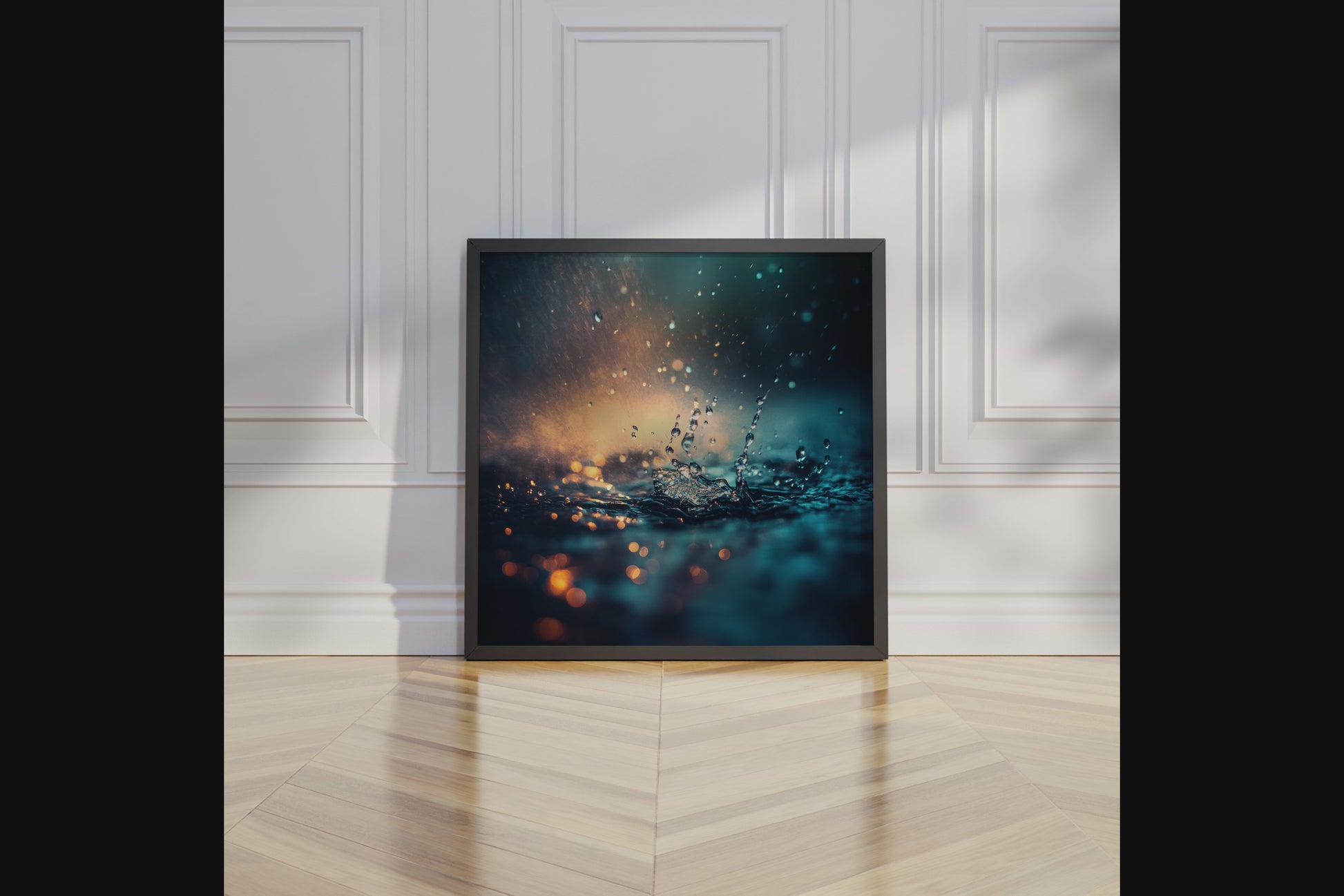 Rainfall water reflection wall art styled in a calm neutral interior