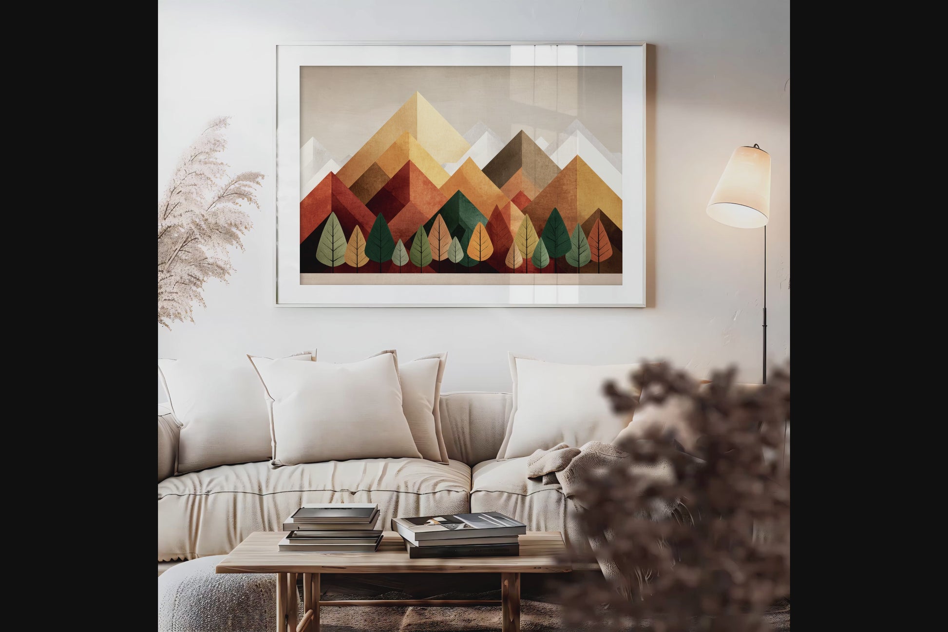 Framed wall art of geometric hills and summer tones. Bold and warm, this print brings energy and rhythm. Ready to hang.