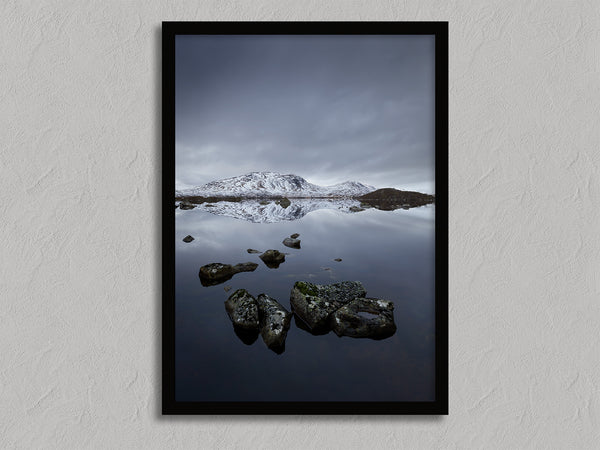 Quiet Reflections shown in a black frame without a border or mount.