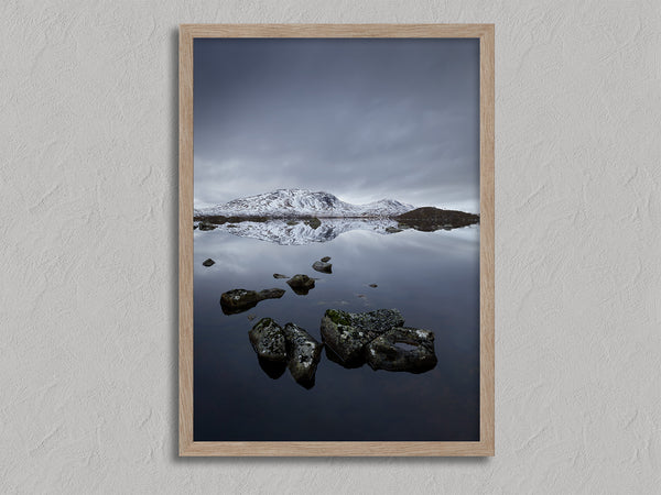 Quiet Reflections shown in an oak frame without a border or mount.