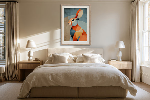 Framed geometric hare artwork above a cream bed between two bedside tables.